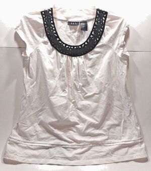 RQT Women Cap Sleeve Top Medium Round Neckline Black Cutouts Bottom Hem Detail